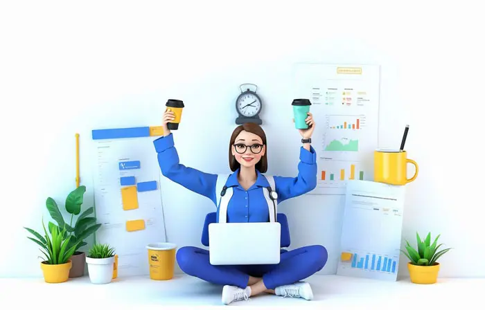 Happy Woman Working from Home with a Laptop 3D Character Illustration image
